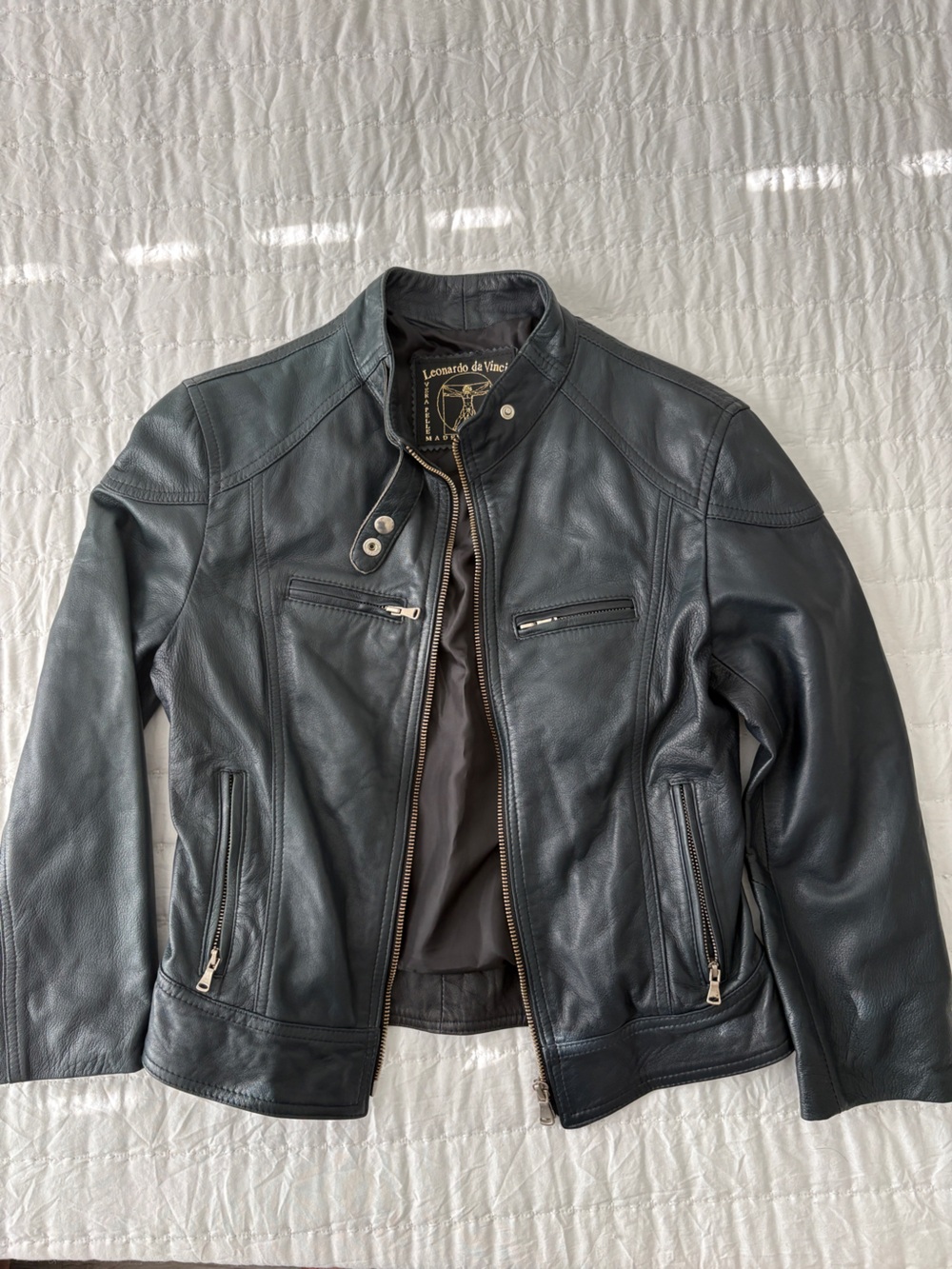 Leonardo da Vinci Dark Green Leather Biker Jacket made in Italy